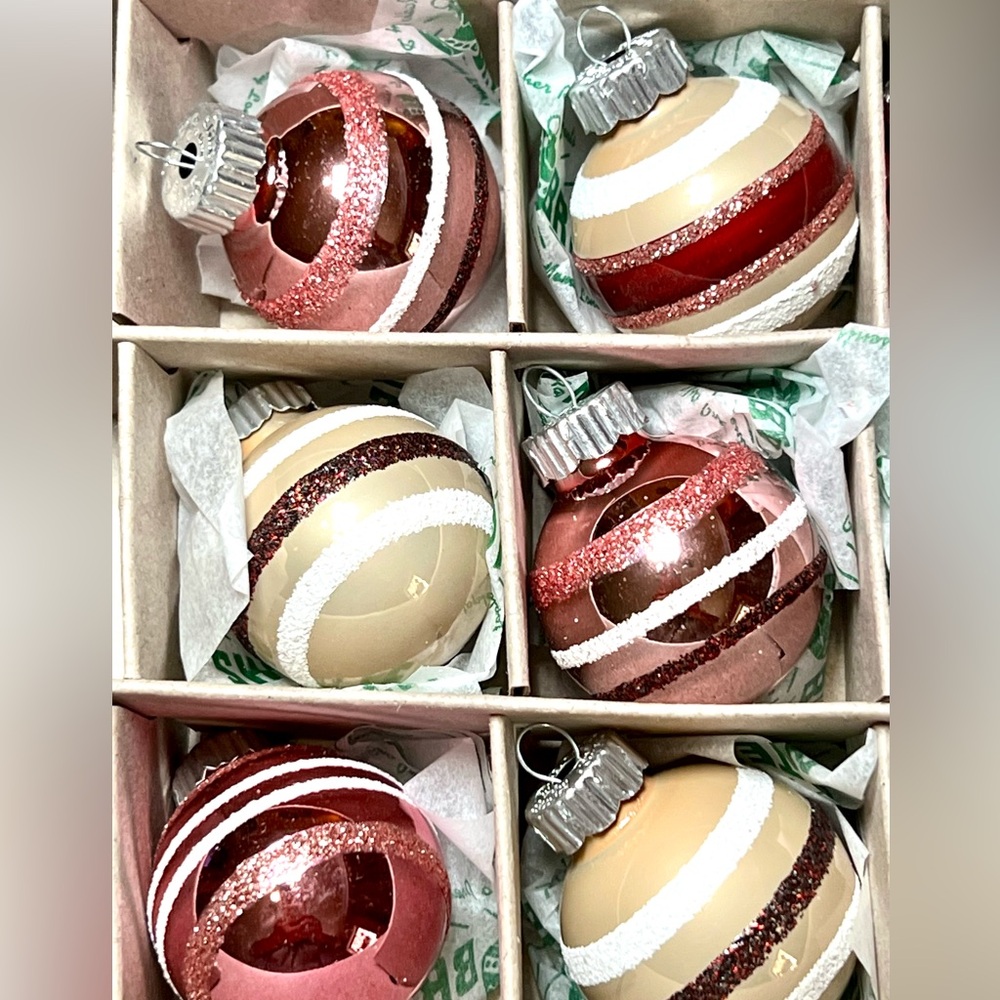 20 Christmas Radko Glass Ball Ornaments Burgundy Beige White Pink Glitter Stripe - Picture 11 of 15